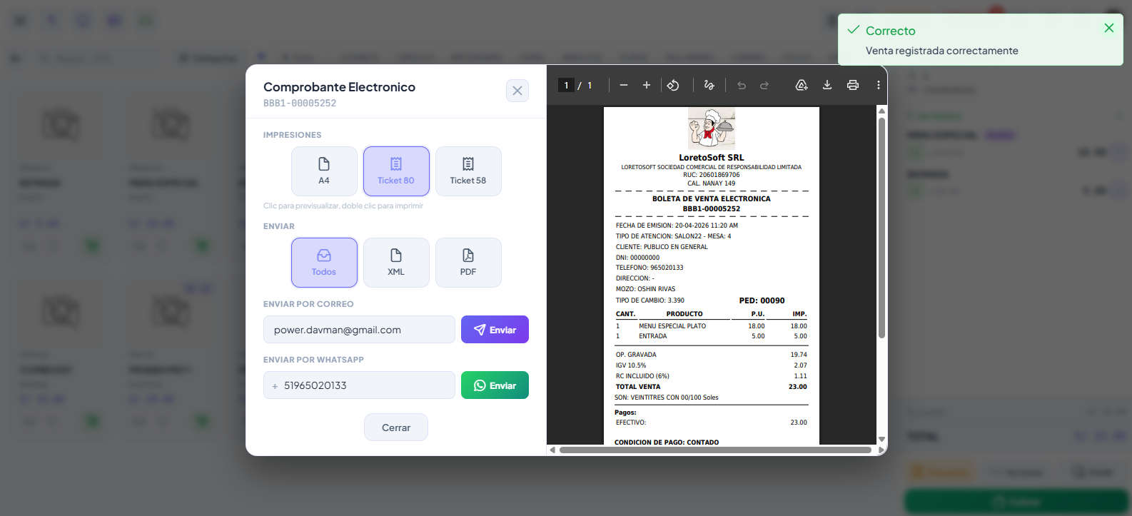 Facturación electrónica SUNAT para restaurantes: emisión de boleta y factura con envío por correo y WhatsApp